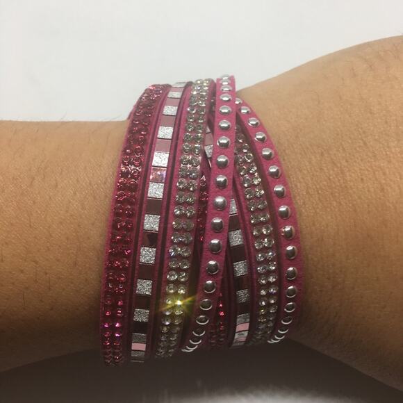 Mix Stud Slit Layer Wrap Bracelet - Fuchsia - Picture 3 of 4